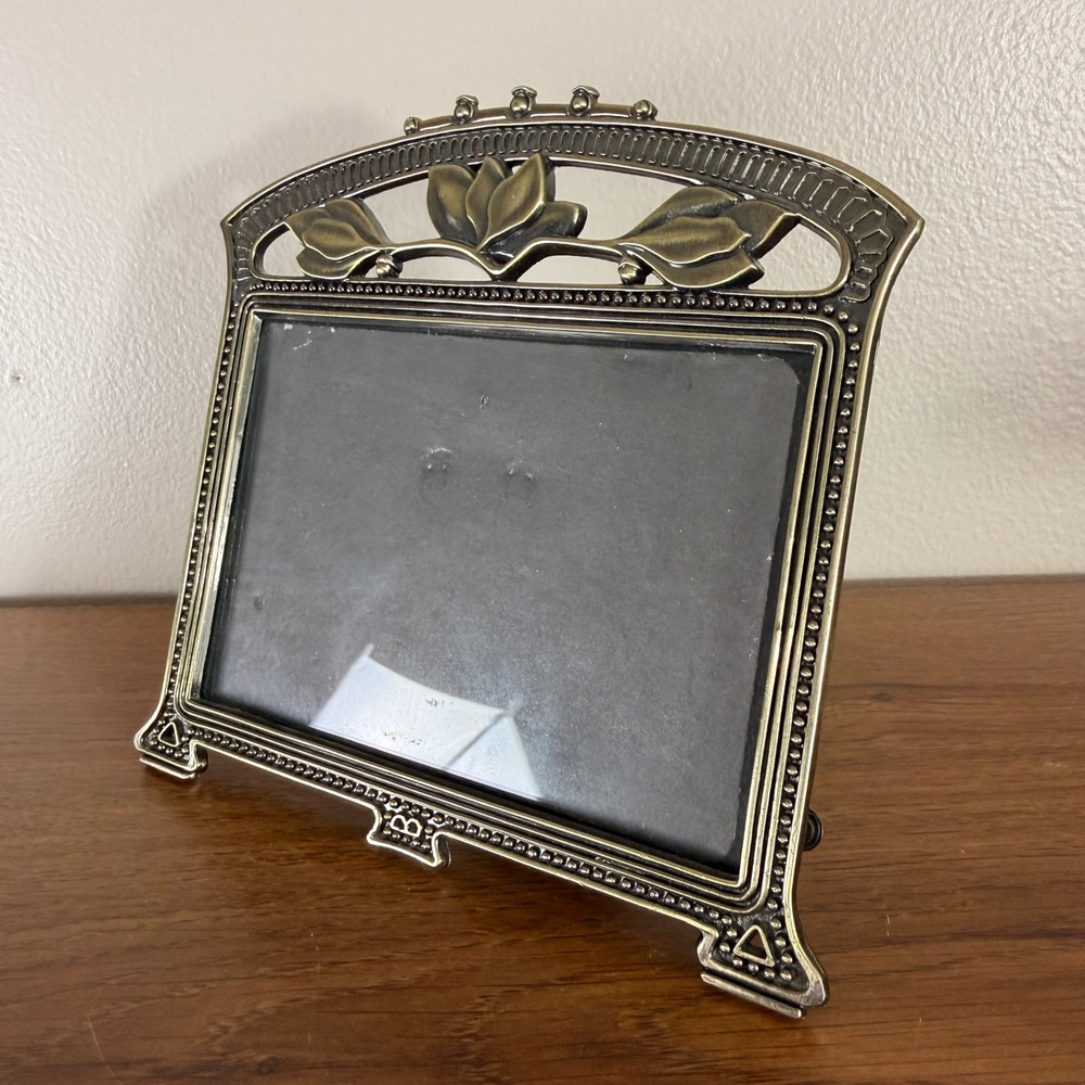 Vintage Art Nouveau Picture Frame Brass Tone Floral Magnolia Hollywood Regency